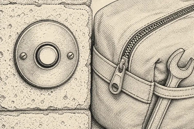 Drawing of a doorbell and a tool bag with a wrench