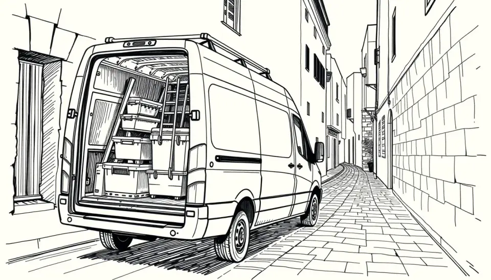 Drawing of a service van open in a narrow Maltese street